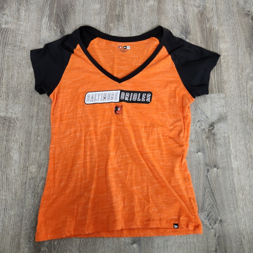 New Era Baltimore Orioles MLB Womens XL V-Neck Raglan Graphic Tee Orange Black